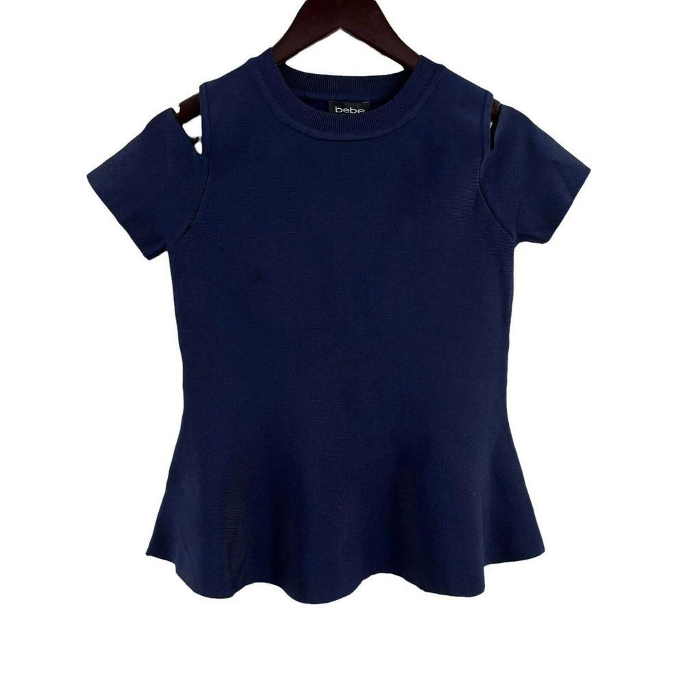 Bebe Navy Short Sleeve Cold Shoulder Peplum Top Size Medium New Beautiful!